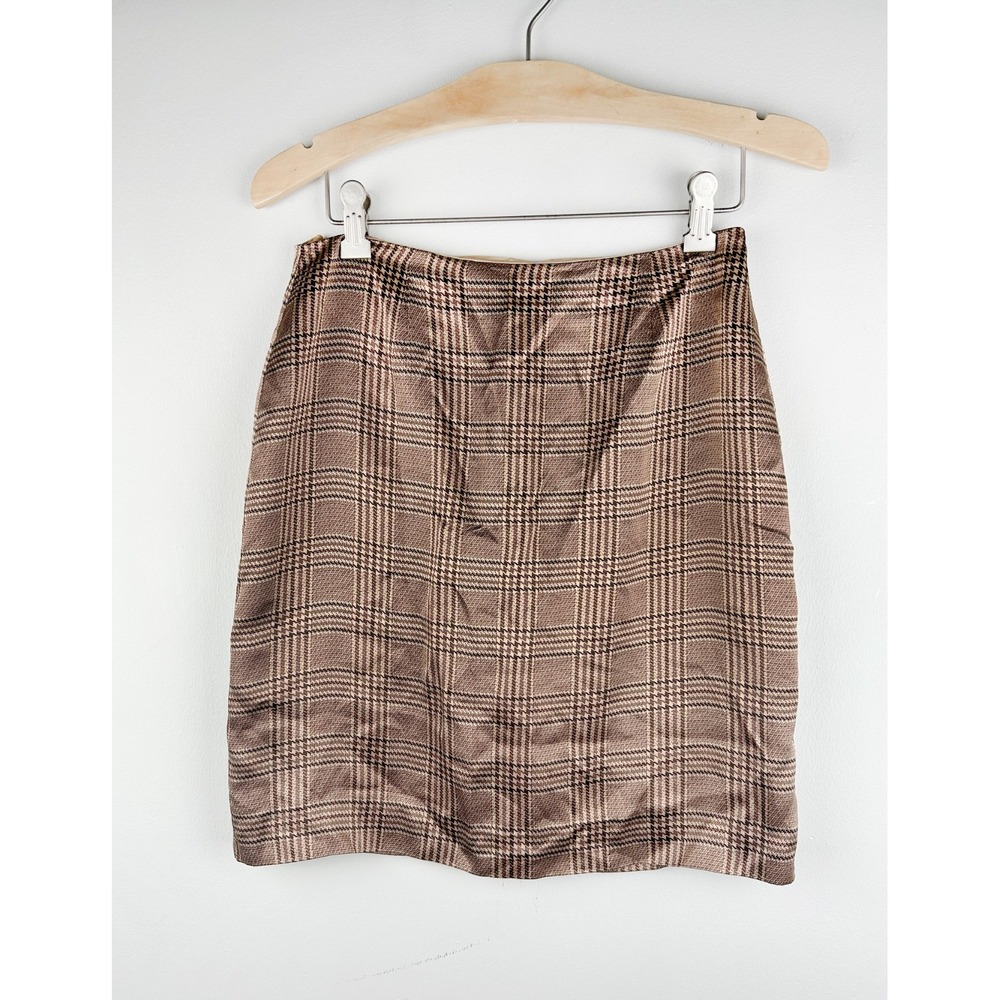 Petite Sophisticate Silk Plaid Skirt Womens Size 8 Petite Brown Lined